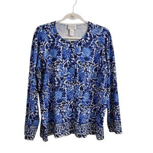 Oscar De La Renta Cardigan 2X Blue Floral Sequins‎ Beaded Sweater Button-Up